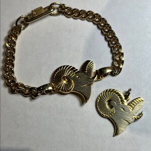 Vintage Gold Ram Pendant and Bracelet Set